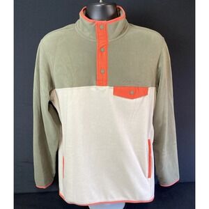 EDDIE BAUER GREEN BEIGE ORANGE FLEECE QUARTER PULL OVER SWEATER  Men's Medium